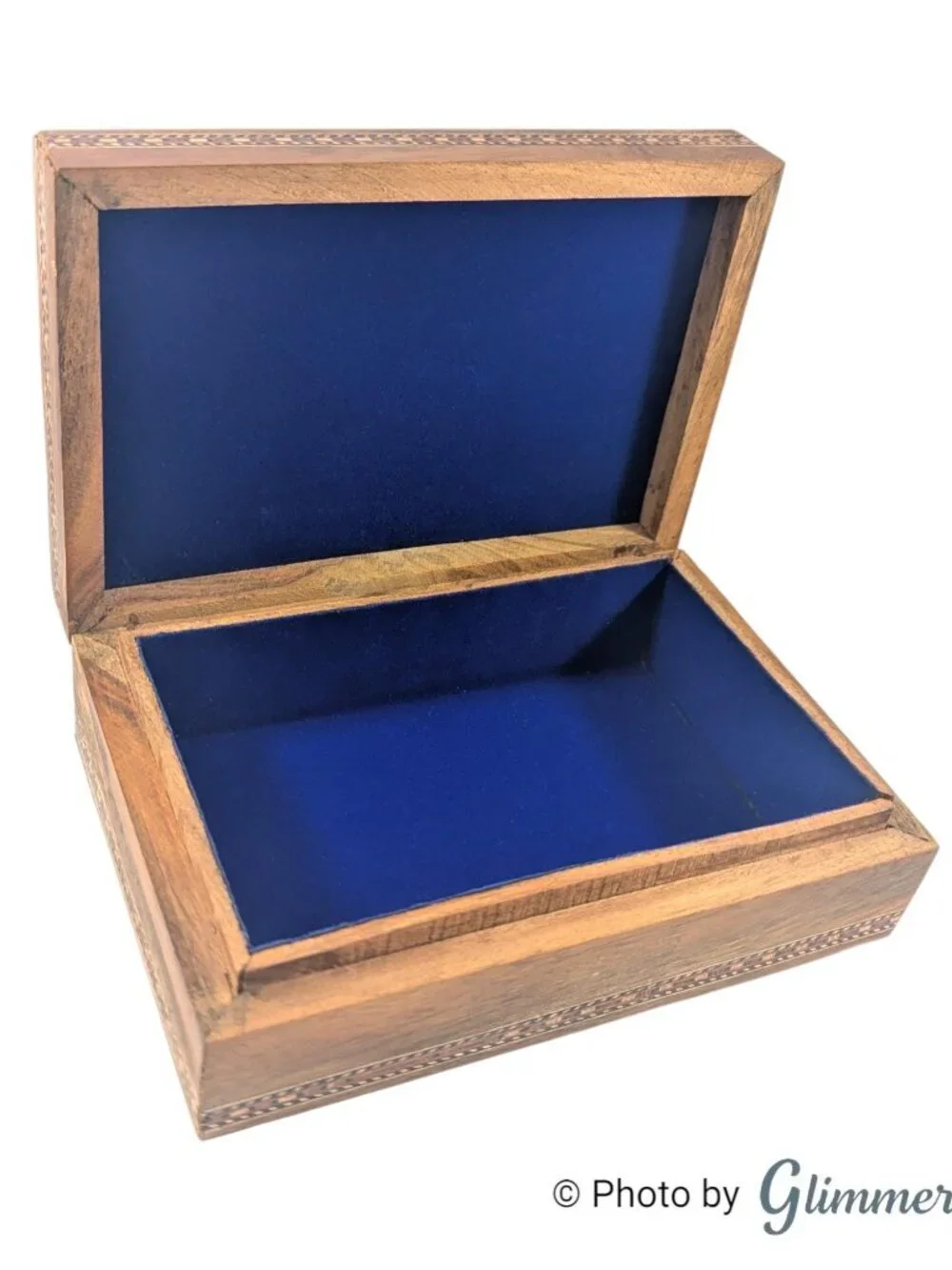 Vintage Indian Inlay Rajasthani Art Blue Lined Glass Lid Wood Jewelry Box